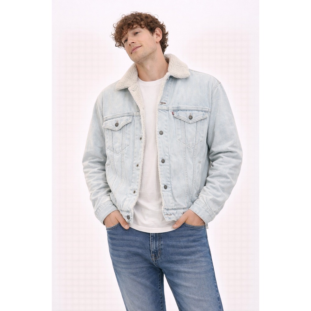 Levi's Sherpa Denim Jacket Mens‎ Large Light Wash Fleece Lined Trucker Americana